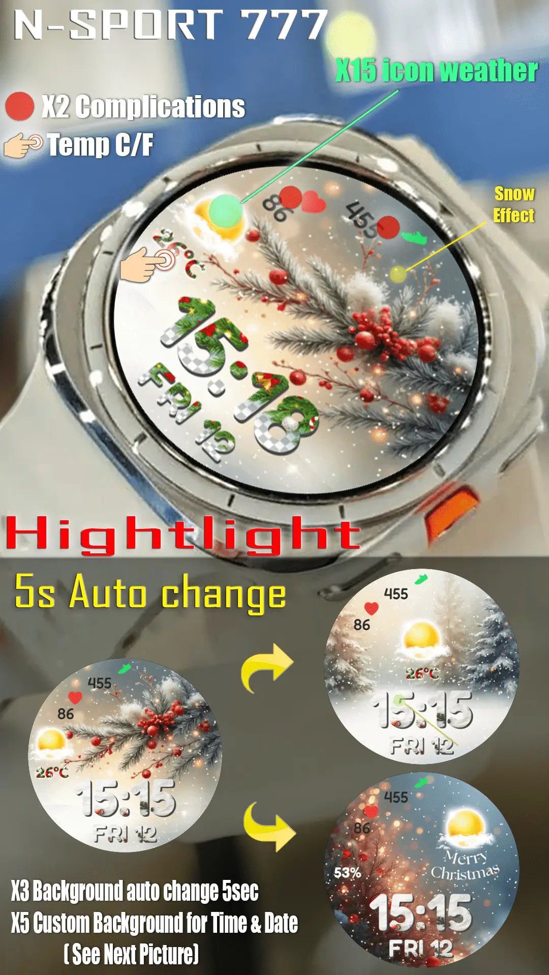 N-Sport 777 Xmas Snow 3Bg Watch Face Review: Winter Magic For Wearos N-Sport Watch Face N-Sport777 Xmas Snow 3Bg N-Sport Watch Face Samsung Wearos View 2