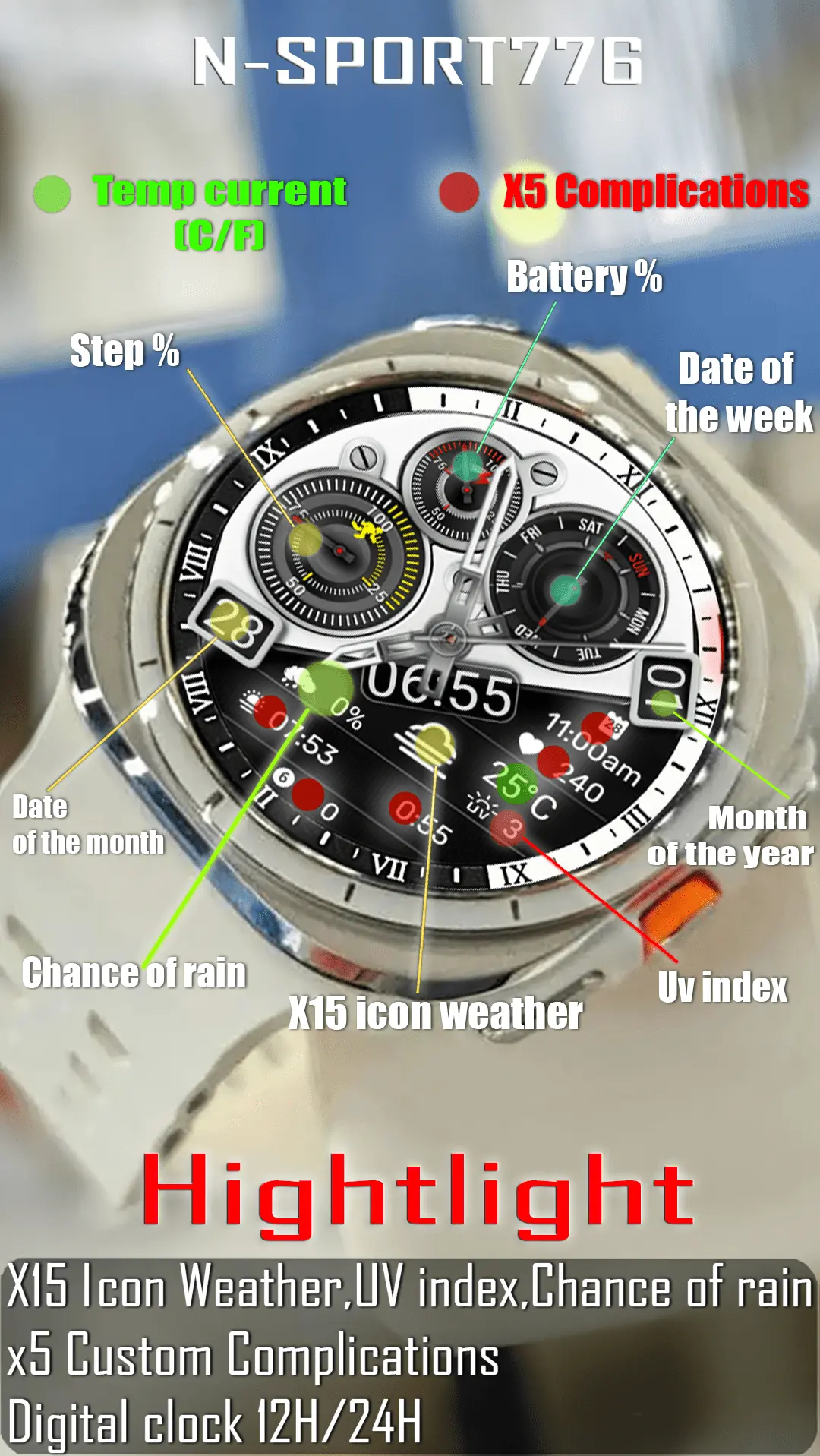 N-Sport 776 Classic Wearos Watch Face Review: Luxury For Samsung Watch Ultra N-Sport Watch Face N-Sport 776 Classic Wearos Watch Face N-Sport Watch Face Samsung Watch Ultra, 8,7,6,5,4 Classic View 2
