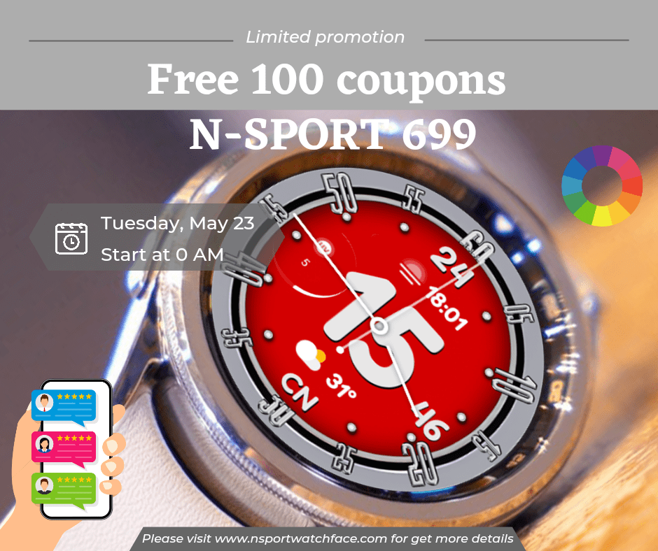 Big Gift 100 Coupons Free N-Sport 699 Watch Face - Samsung Watch 4/5/6 N-Sport Watch Face Big Gift 100 Coupons Free N-Sport 699 Watch Face – Samsung Watch 4/5/6 - N-Sport Watch Face