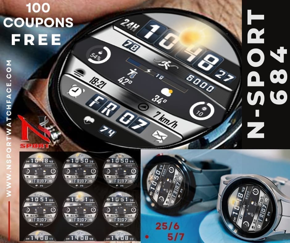 Free 100 Coupons N-Sport 684 Watch Face Wearos Samsung Galaxy Watch 4/5/6 N-Sport Watch Face Free 100 Coupons N-Sport 684 Watch Face Wearos Samsung Galaxy Watch 4/5/6 - N-Sport Watch Face