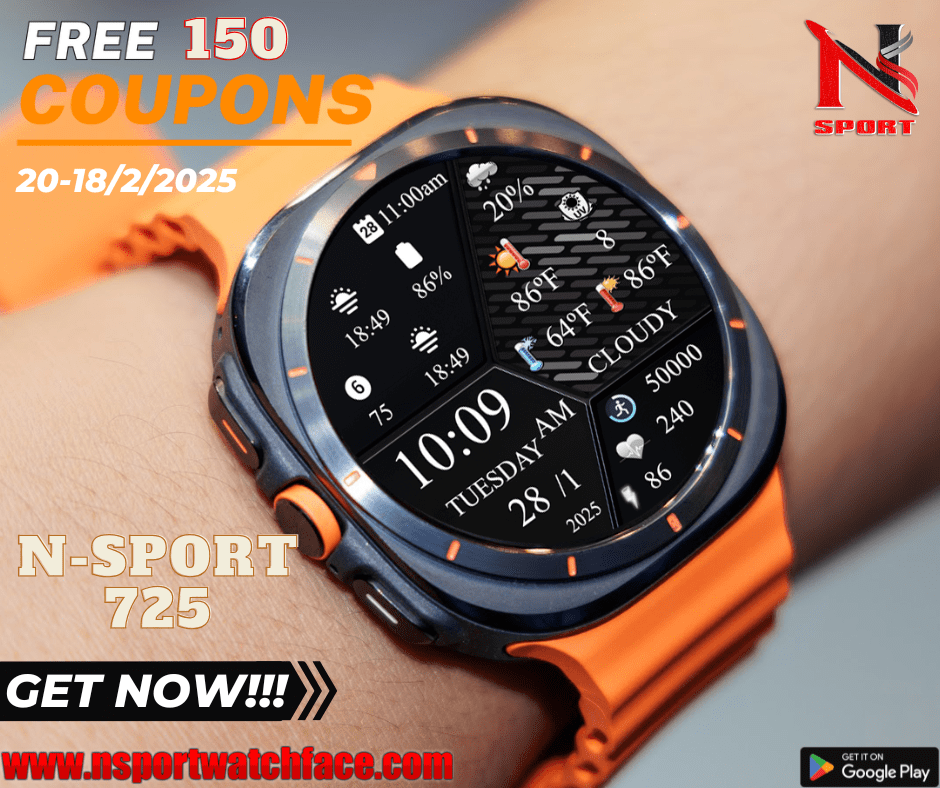 Big Gift 150 Coupons N-Sport 725 Watch Face Wearos5 Weather N-Sport Watch Face Big Gift 150 Coupons N-Sport 725 Watch Face Wearos5 Weather - N-Sport Watch Face