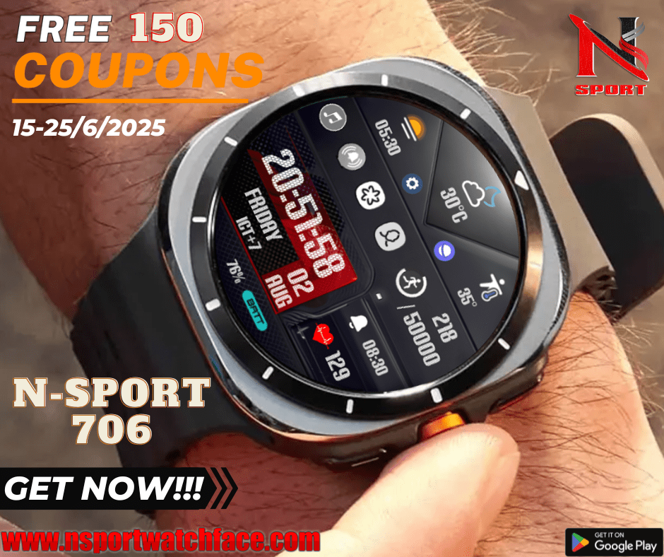 Special Promotion: Get 150 Free Coupons For The N-Sport706 Dial App N-Sport Watch Face – Limited Time Only! N-Sport Watch Face Special Promotion: Get 150 Free Coupons For The N-Sport706 Dial App N-Sport Watch Face – Limited Time Only! - N-Sport Watch Face