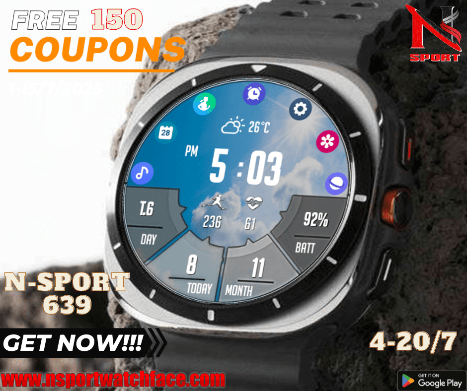 Free 150 Coupons – N-Sport 639 Multi Apps Digital Watch Face (July 4–20) N-Sport Watch Face Free 150 Coupons – N-Sport 639 Multi Apps Digital Watch Face (July 4–20) - N-Sport Watch Face